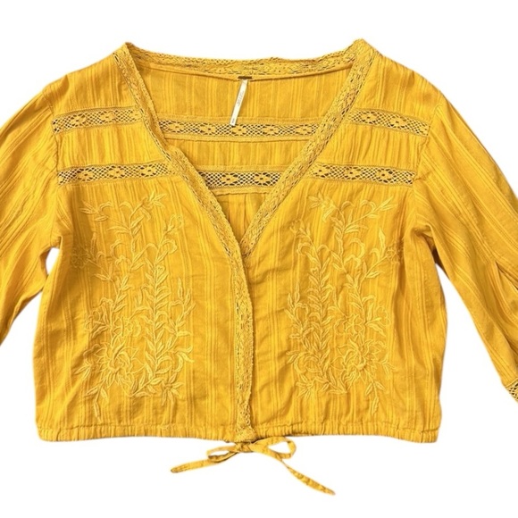Free People Follow Your Heart Golden Yellow Embroidered Crop Top Size Small - Picture 9 of 12